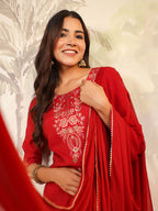 Janasya Dark Chanderi Embroidered Straight Kurta Set | Grocsy