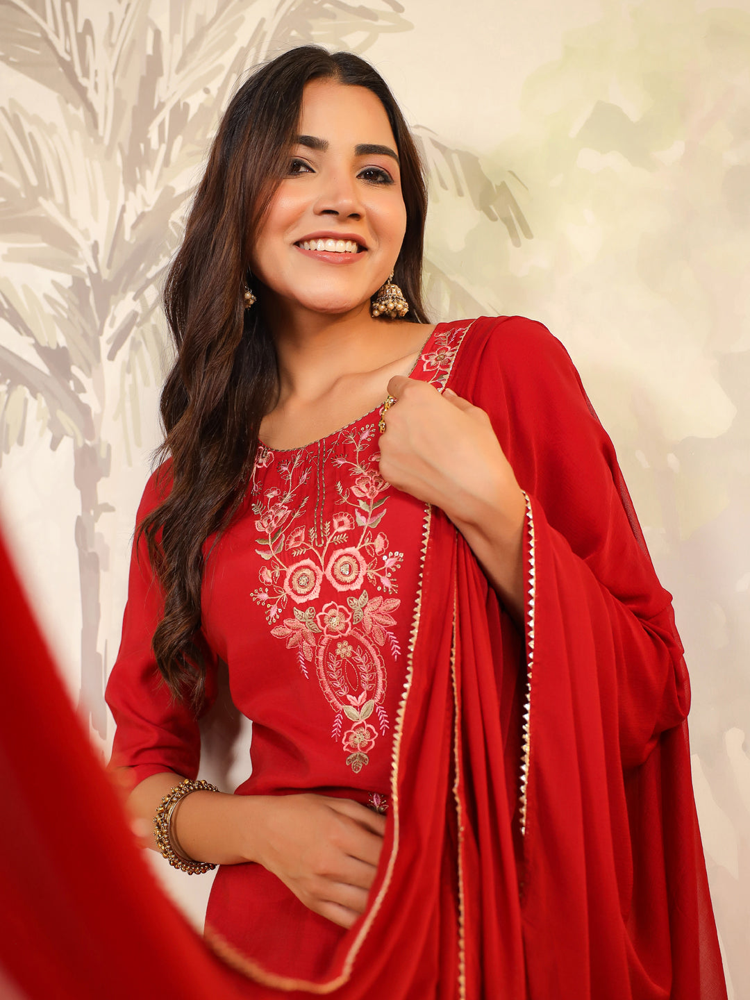 Janasya Dark Chanderi Embroidered Straight Kurta Set | Grocsy