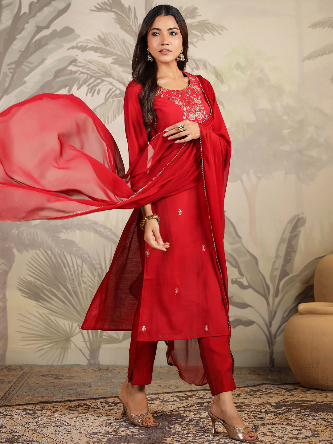 Janasya Dark Chanderi Embroidered Straight Kurta Set | Grocsy