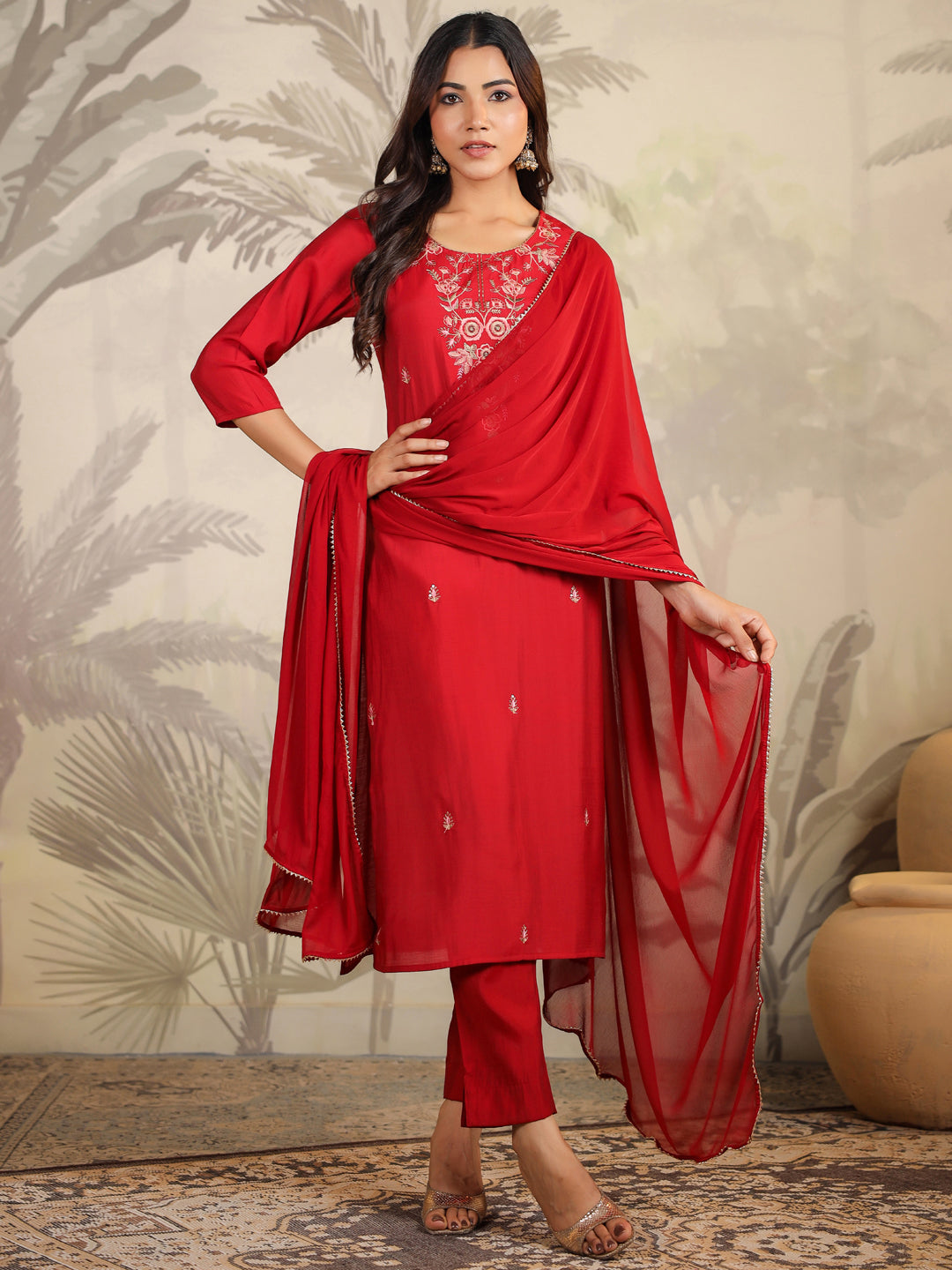 Janasya Dark Chanderi Embroidered Straight Kurta Set | Grocsy