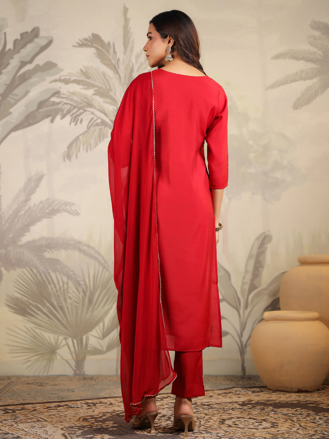 Janasya Dark Chanderi Embroidered Straight Kurta Set | Grocsy
