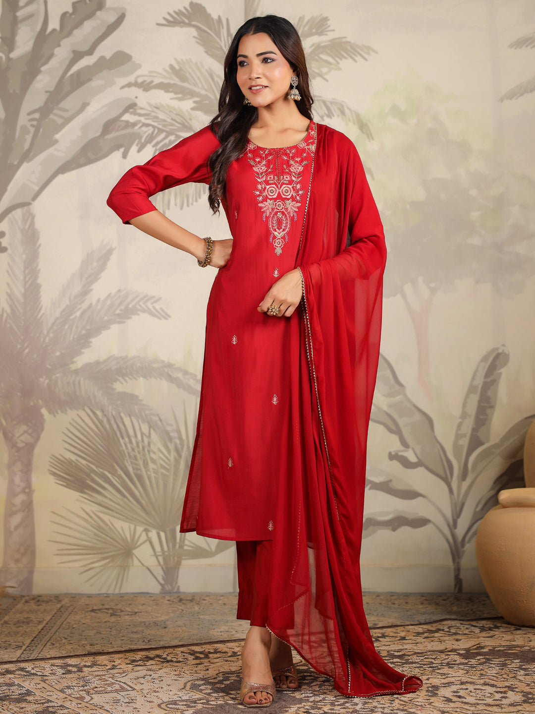 Janasya Dark Chanderi Embroidered Straight Kurta Set | Grocsy