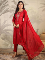 Janasya Dark Chanderi Embroidered Straight Kurta Set | Grocsy