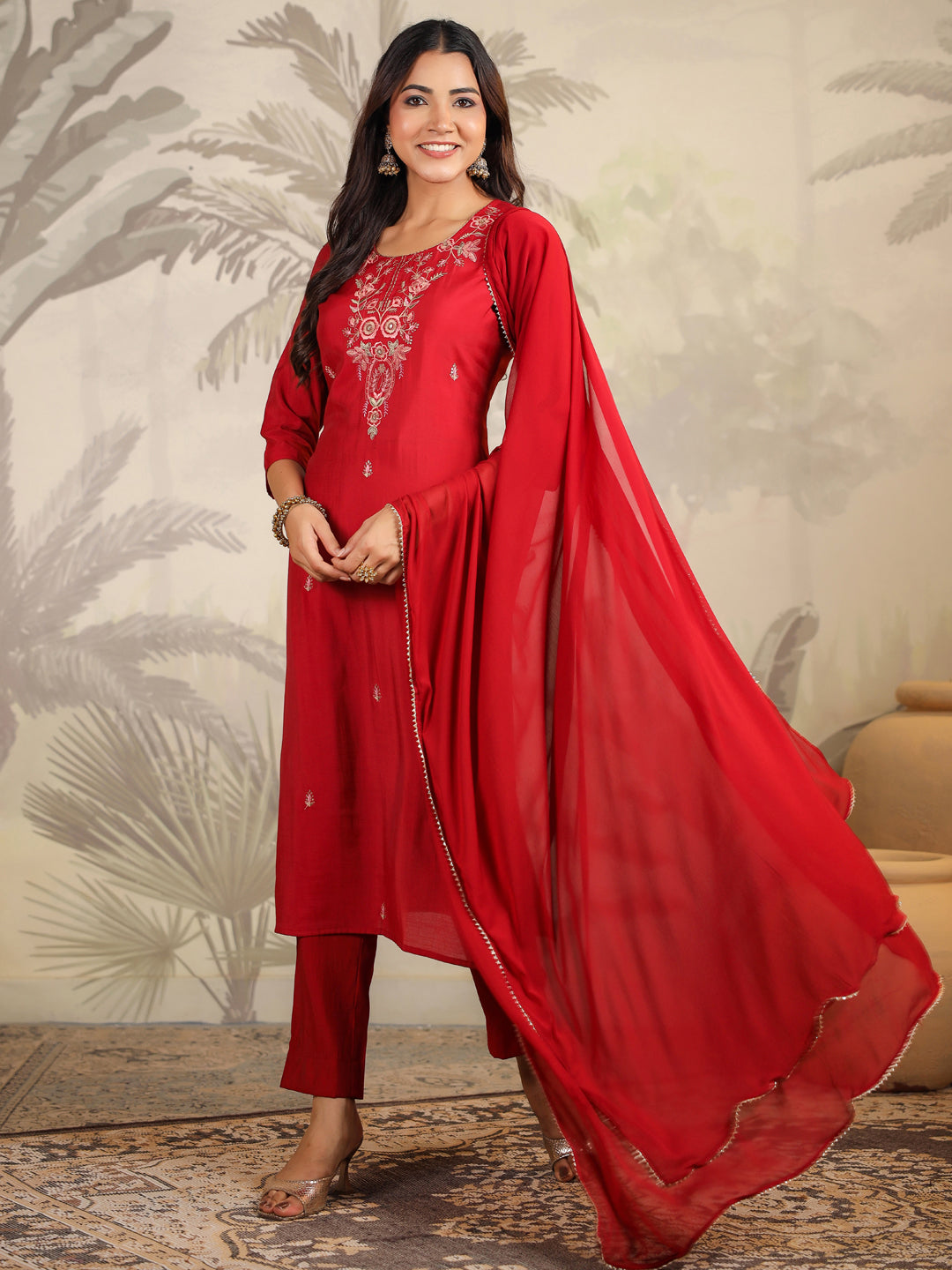 Janasya Dark Chanderi Embroidered Straight Kurta Set | Grocsy