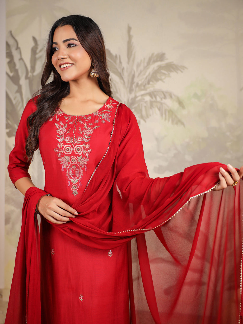 Janasya Dark Chanderi Embroidered Straight Kurta Set | Grocsy