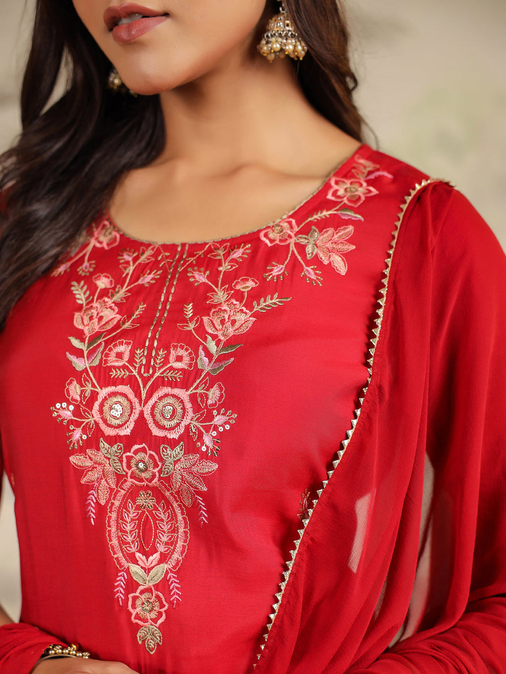 Janasya Dark Chanderi Embroidered Straight Kurta Set | Grocsy