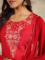 Janasya Dark Chanderi Embroidered Straight Kurta Set | Grocsy