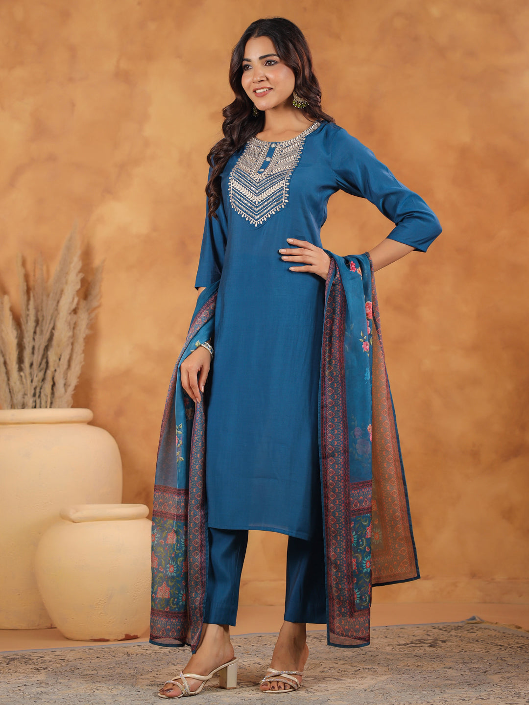 Janasya Dark Silk Blend Yoke Embroidery Straight Kurta Set | Grocsy