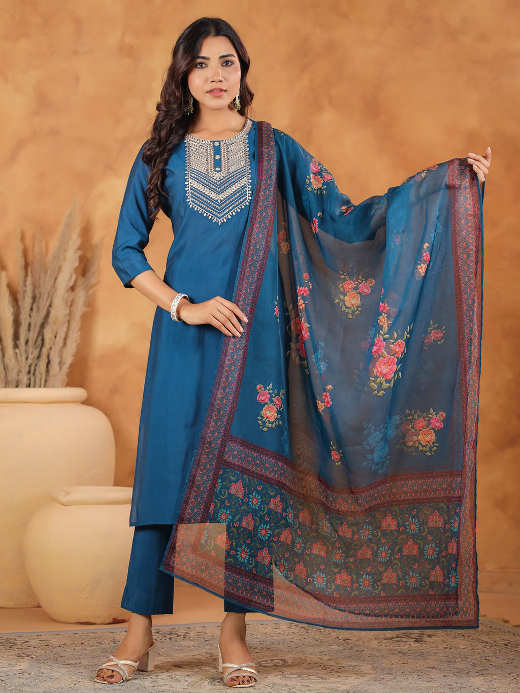 Janasya Dark Silk Blend Yoke Embroidery Straight Kurta Set | Grocsy