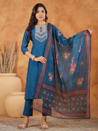 Janasya Dark Silk Blend Yoke Embroidery Straight Kurta Set | Grocsy