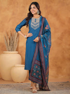 Janasya Dark Silk Blend Yoke Embroidery Straight Kurta Set | Grocsy
