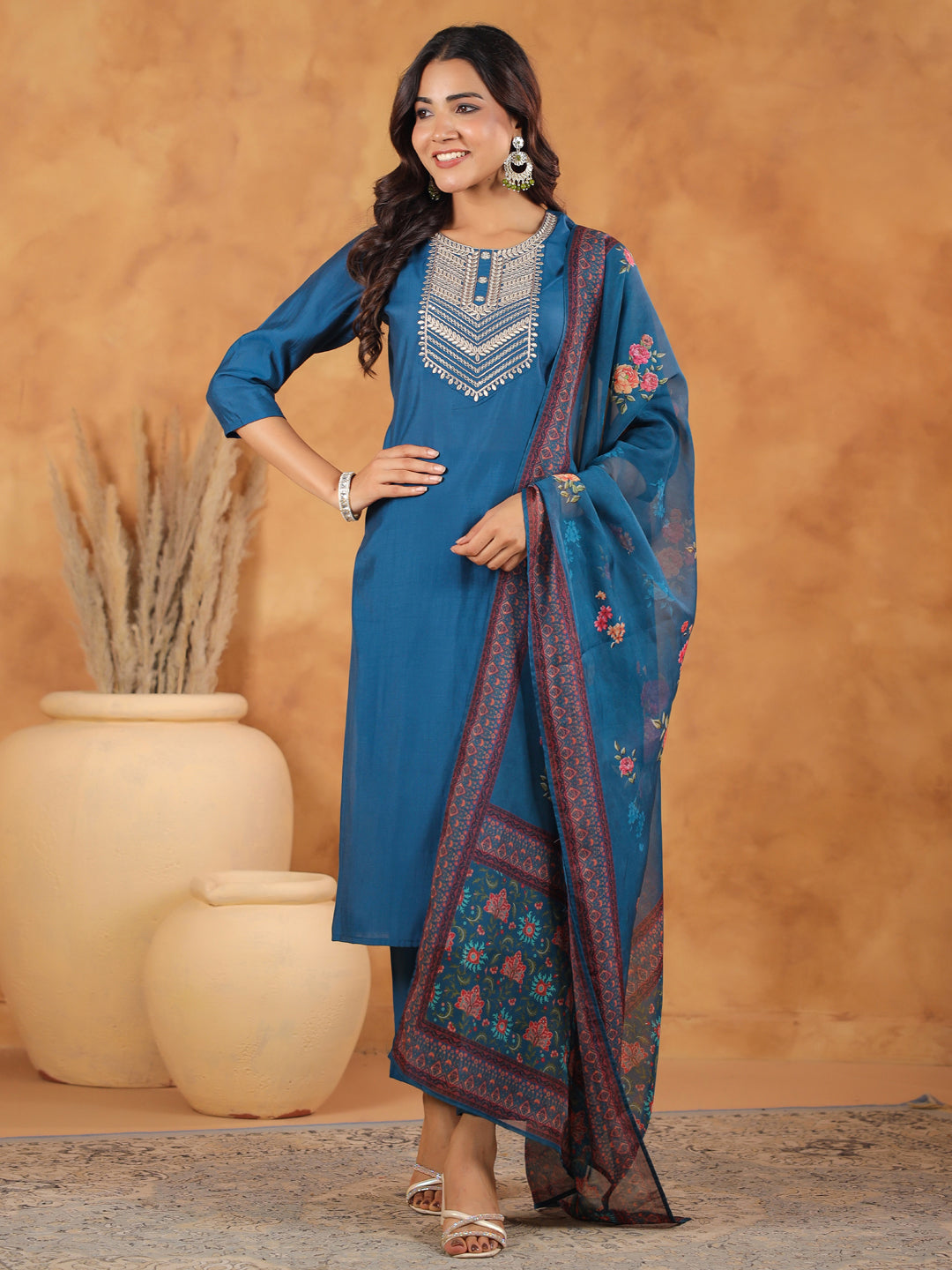 Janasya Dark Silk Blend Yoke Embroidery Straight Kurta Set | Grocsy