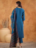 Janasya Dark Silk Blend Yoke Embroidery Straight Kurta Set | Grocsy