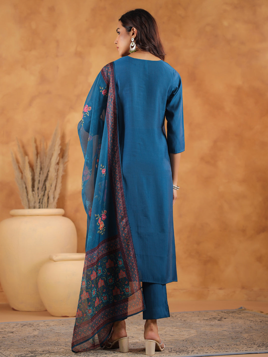 Janasya Dark Silk Blend Yoke Embroidery Straight Kurta Set | Grocsy