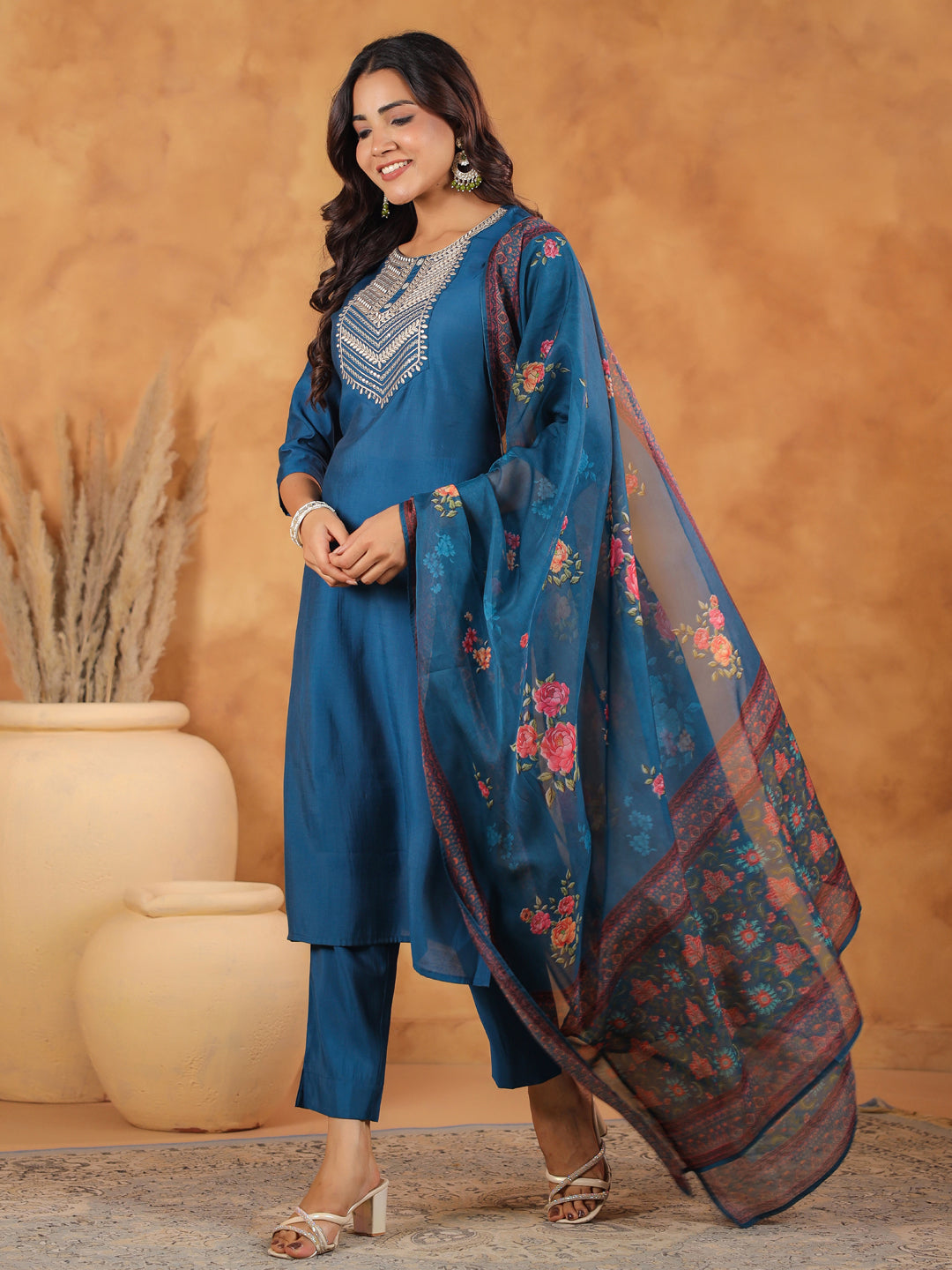 Janasya Dark Silk Blend Yoke Embroidery Straight Kurta Set | Grocsy
