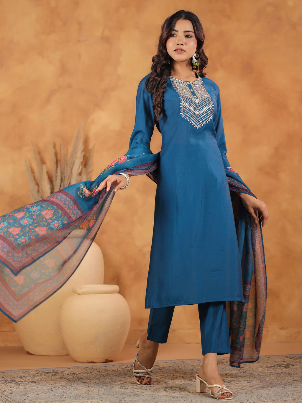Janasya Dark Silk Blend Yoke Embroidery Straight Kurta Set | Grocsy