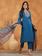 Janasya Dark Silk Blend Yoke Embroidery Straight Kurta Set | Grocsy