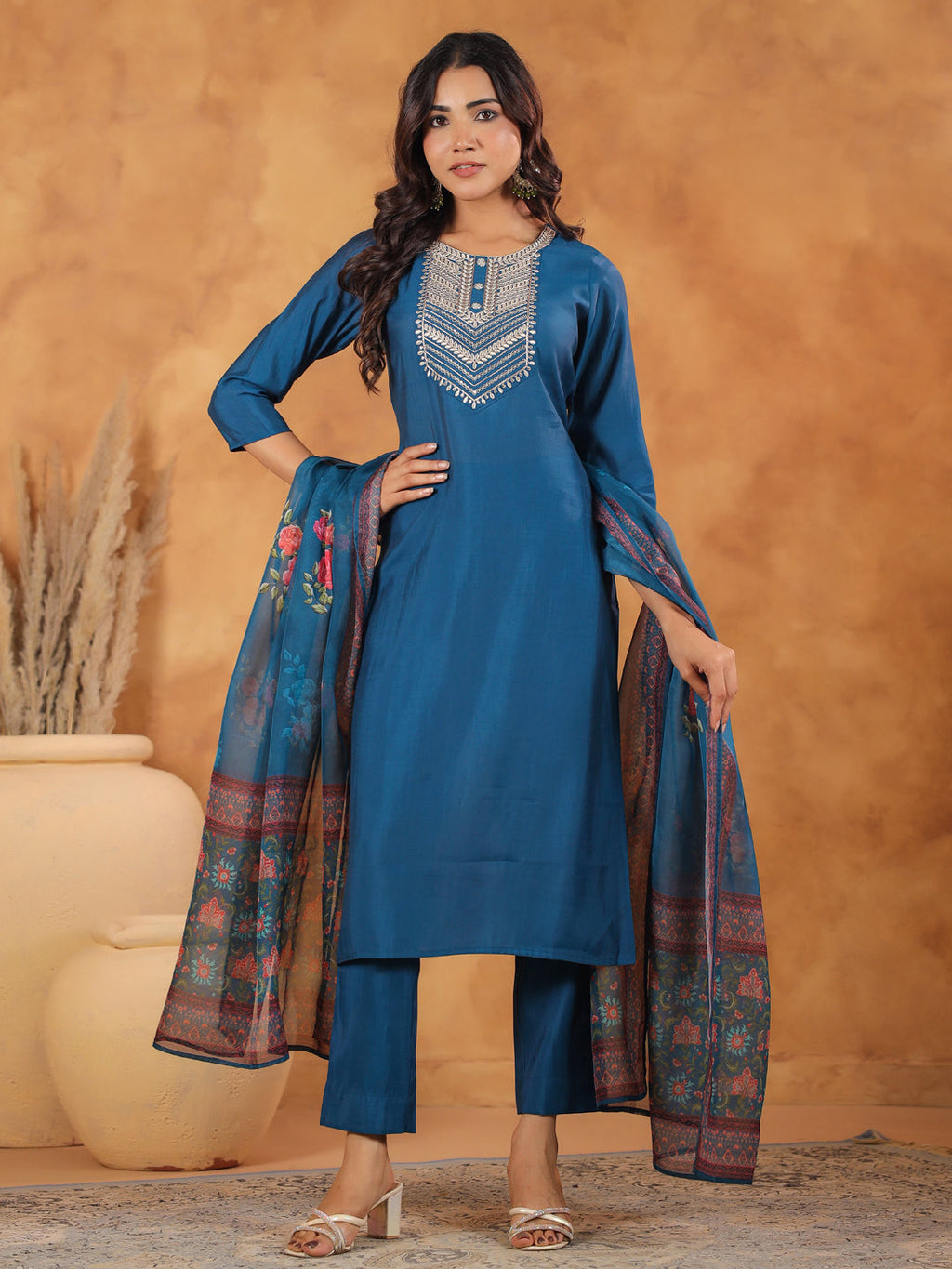 Janasya Dark Silk Blend Yoke Embroidery Straight Kurta Set | Grocsy