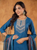 Janasya Dark Silk Blend Yoke Embroidery Straight Kurta Set | Grocsy