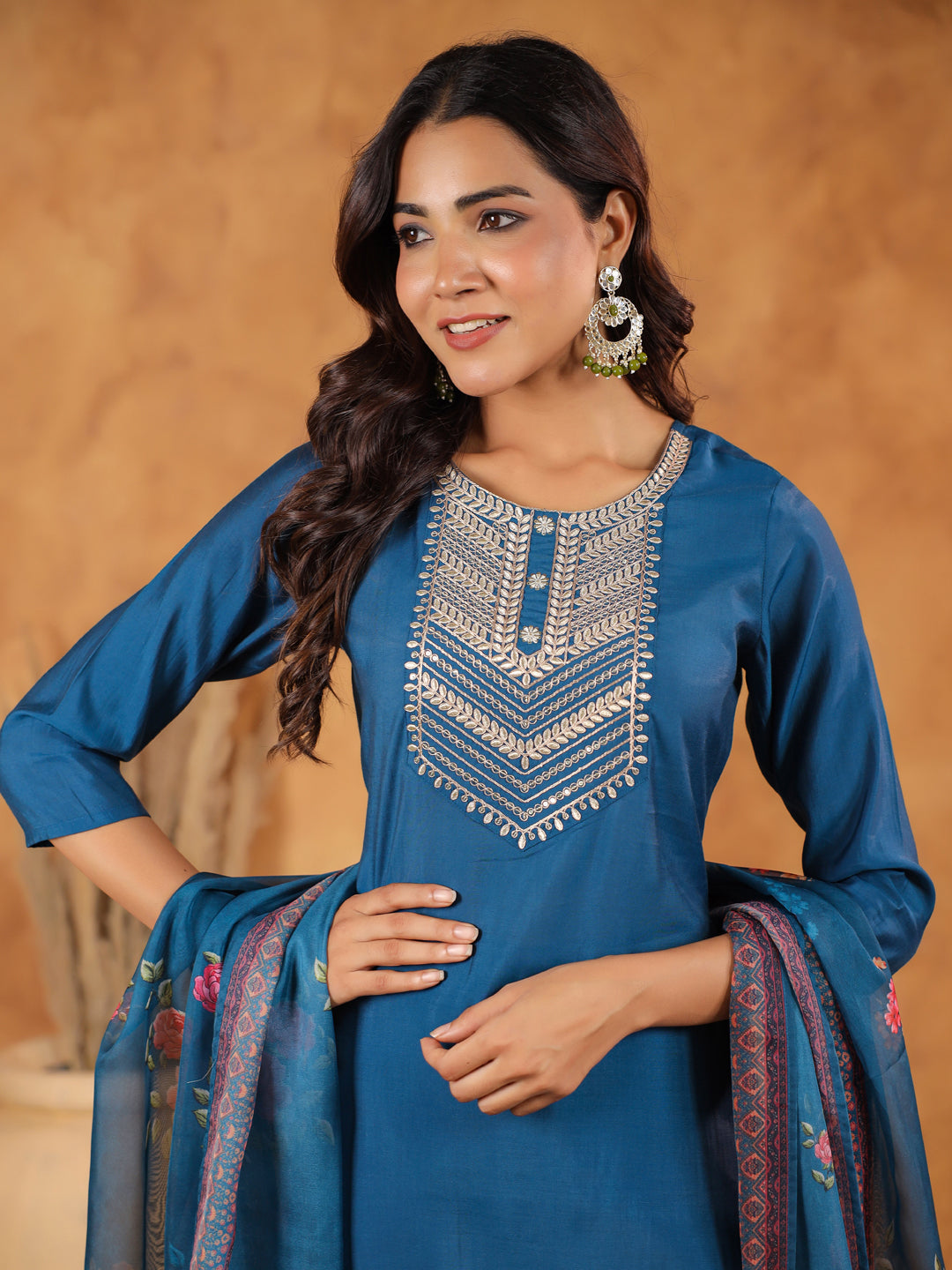 Janasya Dark Silk Blend Yoke Embroidery Straight Kurta Set | Grocsy