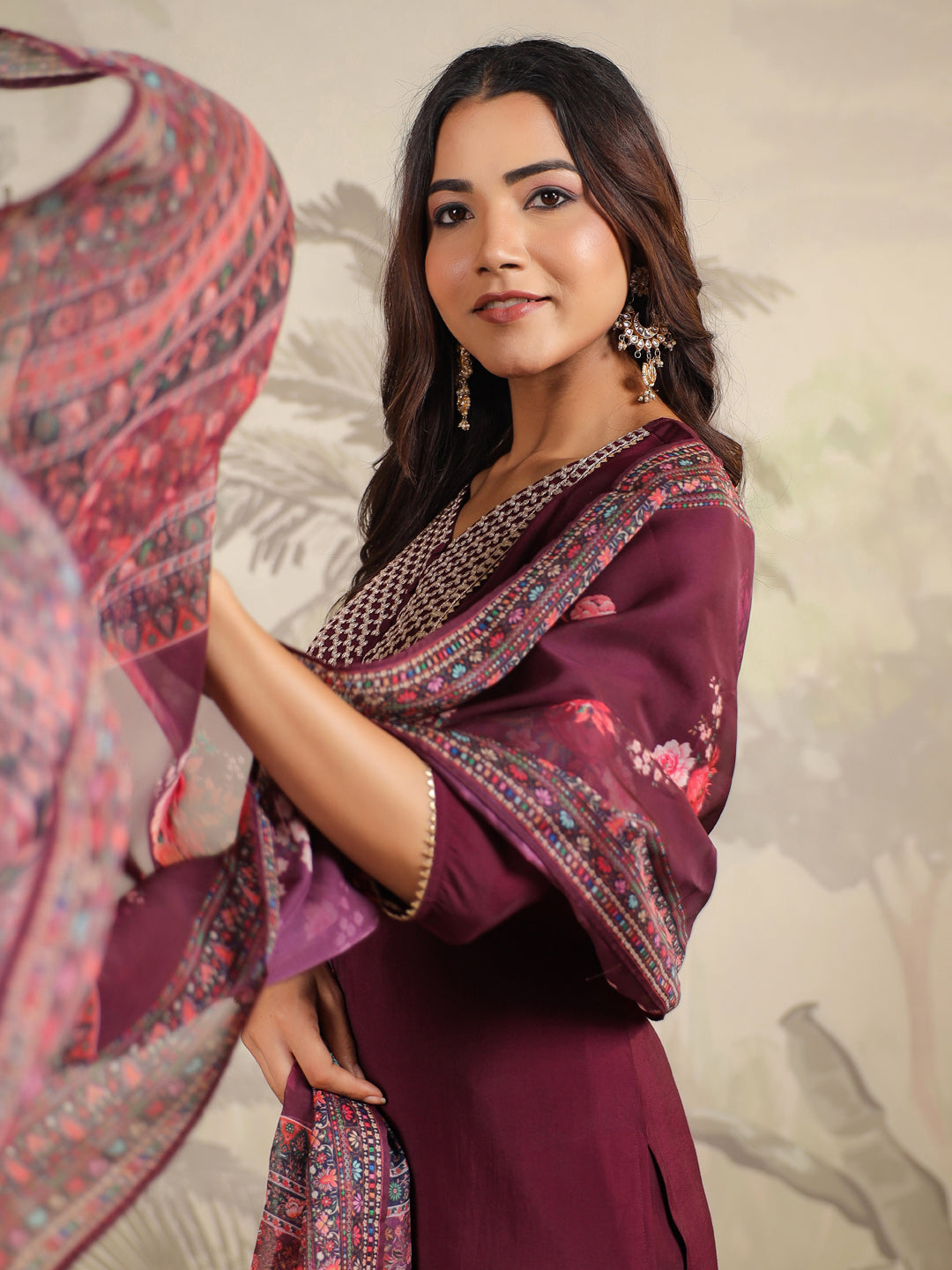 Janasya Dark Chanderi Yoke Embroidery Straight Kurta Set | Grocsy