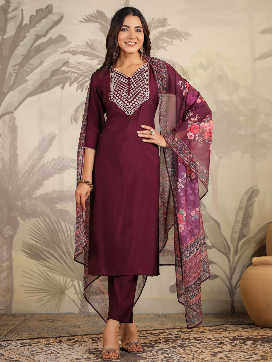 Janasya Dark Chanderi Yoke Embroidery Straight Kurta Set | Grocsy