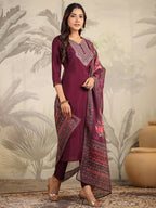 Janasya Dark Chanderi Yoke Embroidery Straight Kurta Set | Grocsy