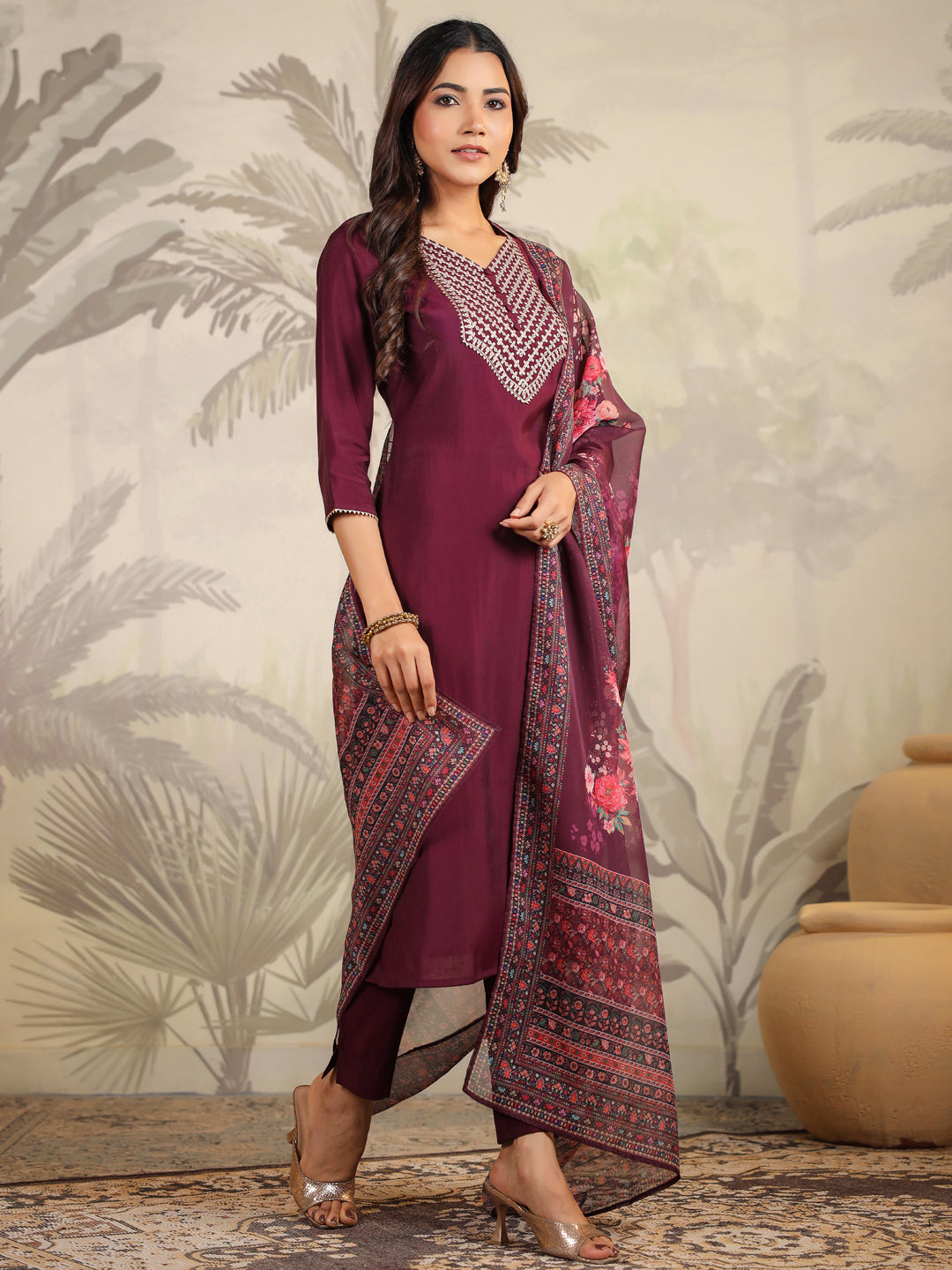 Janasya Dark Chanderi Yoke Embroidery Straight Kurta Set | Grocsy