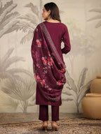 Janasya Dark Chanderi Yoke Embroidery Straight Kurta Set | Grocsy