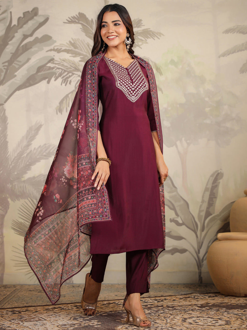 Janasya Dark Chanderi Yoke Embroidery Straight Kurta Set | Grocsy