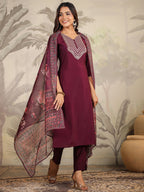 Janasya Dark Chanderi Yoke Embroidery Straight Kurta Set | Grocsy