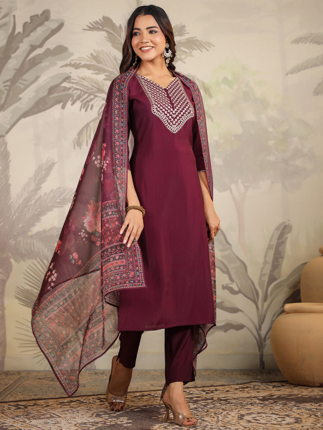 Janasya Dark Chanderi Yoke Embroidery Straight Kurta Set | Grocsy