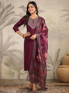 Janasya Dark Chanderi Yoke Embroidery Straight Kurta Set | Grocsy