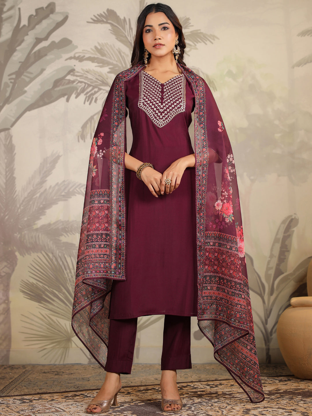 Janasya Dark Chanderi Yoke Embroidery Straight Kurta Set | Grocsy