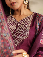 Janasya Dark Chanderi Yoke Embroidery Straight Kurta Set | Grocsy
