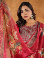 Janasya Dark Chanderi Yoke Embroidery Straight Kurta Set | Grocsy