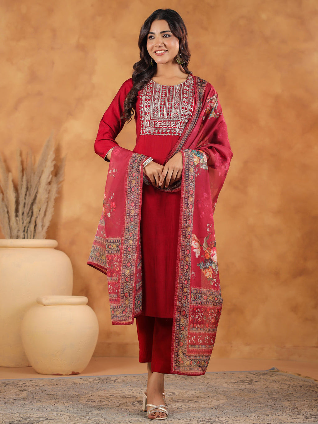 Janasya Dark Chanderi Yoke Embroidery Straight Kurta Set | Grocsy