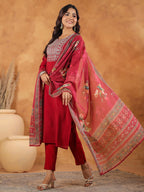 Janasya Dark Chanderi Yoke Embroidery Straight Kurta Set | Grocsy