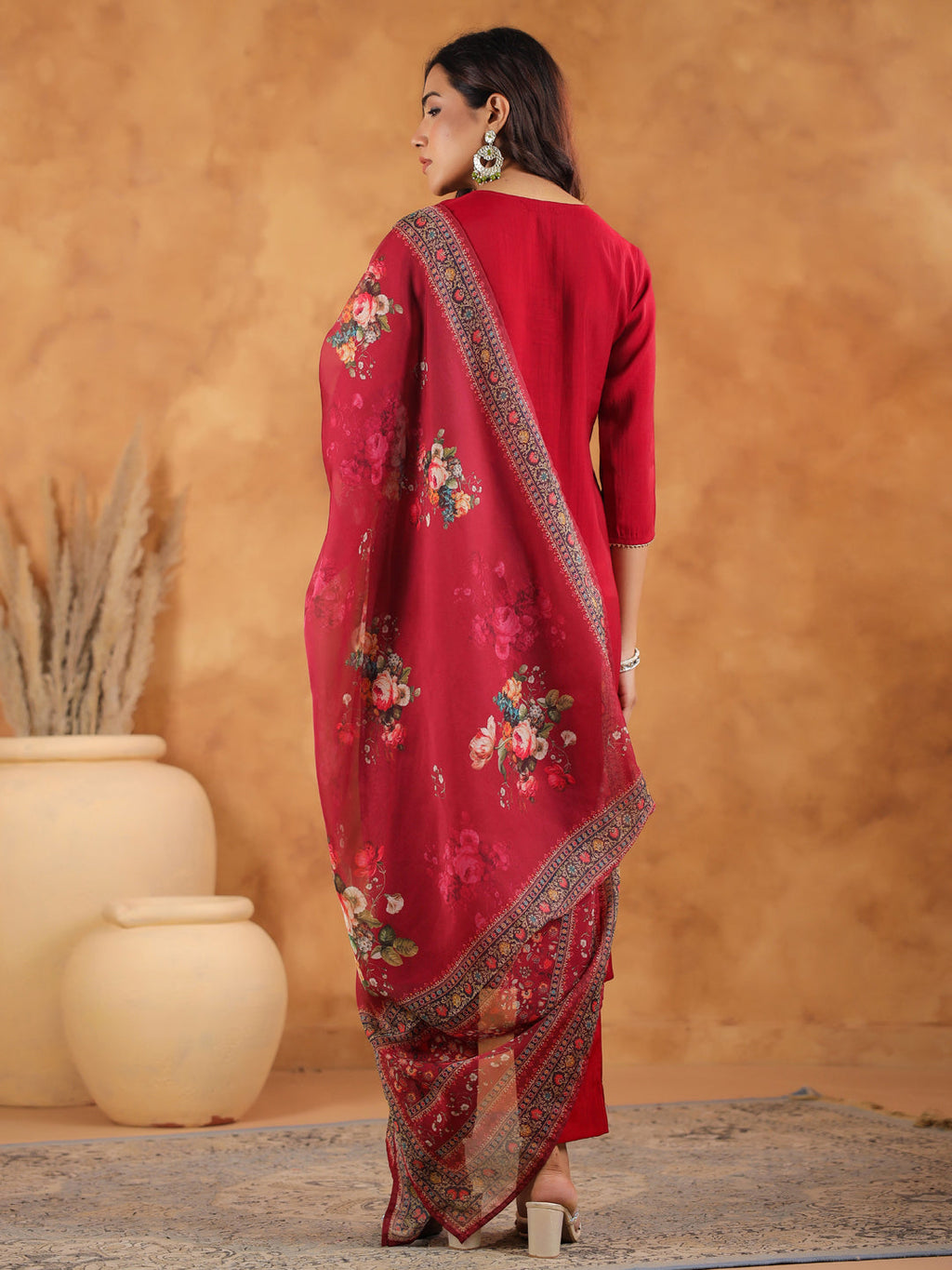 Janasya Dark Chanderi Yoke Embroidery Straight Kurta Set | Grocsy