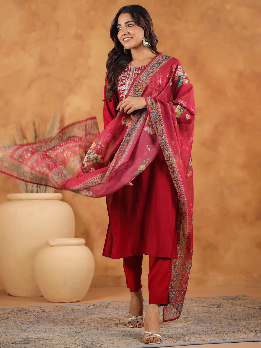 Janasya Dark Chanderi Yoke Embroidery Straight Kurta Set | Grocsy