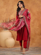 Janasya Dark Chanderi Yoke Embroidery Straight Kurta Set | Grocsy