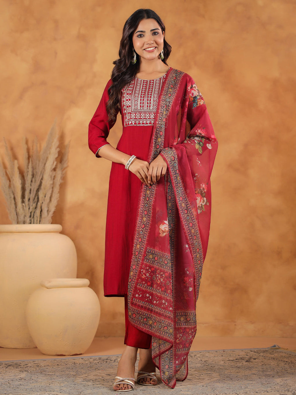 Janasya Dark Chanderi Yoke Embroidery Straight Kurta Set | Grocsy