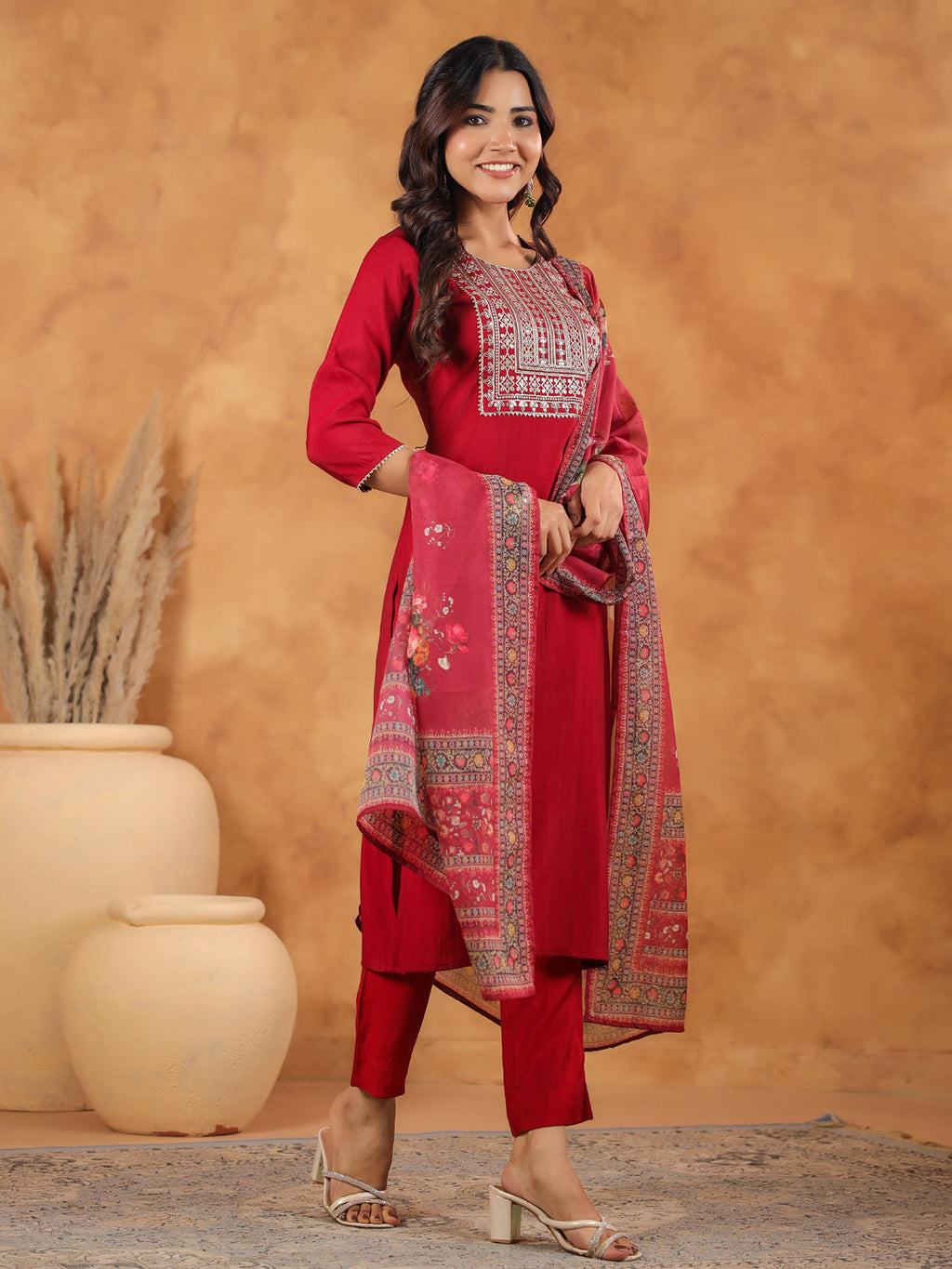 Janasya Dark Chanderi Yoke Embroidery Straight Kurta Set | Grocsy