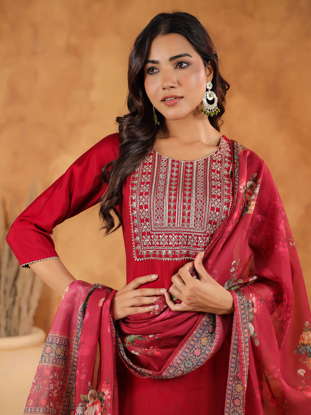Janasya Dark Chanderi Yoke Embroidery Straight Kurta Set | Grocsy