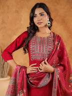 Janasya Dark Chanderi Yoke Embroidery Straight Kurta Set | Grocsy