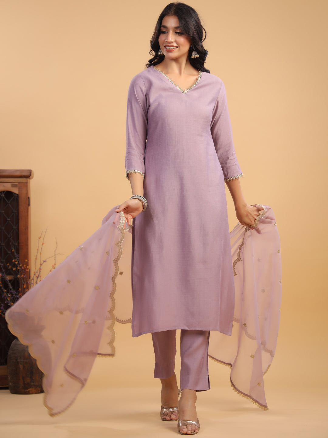 Janasya Light Chanderi Solid Straight Kurta Set | Grocsy