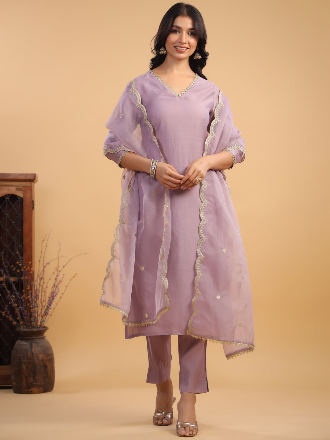 Janasya Light Chanderi Solid Straight Kurta Set | Grocsy