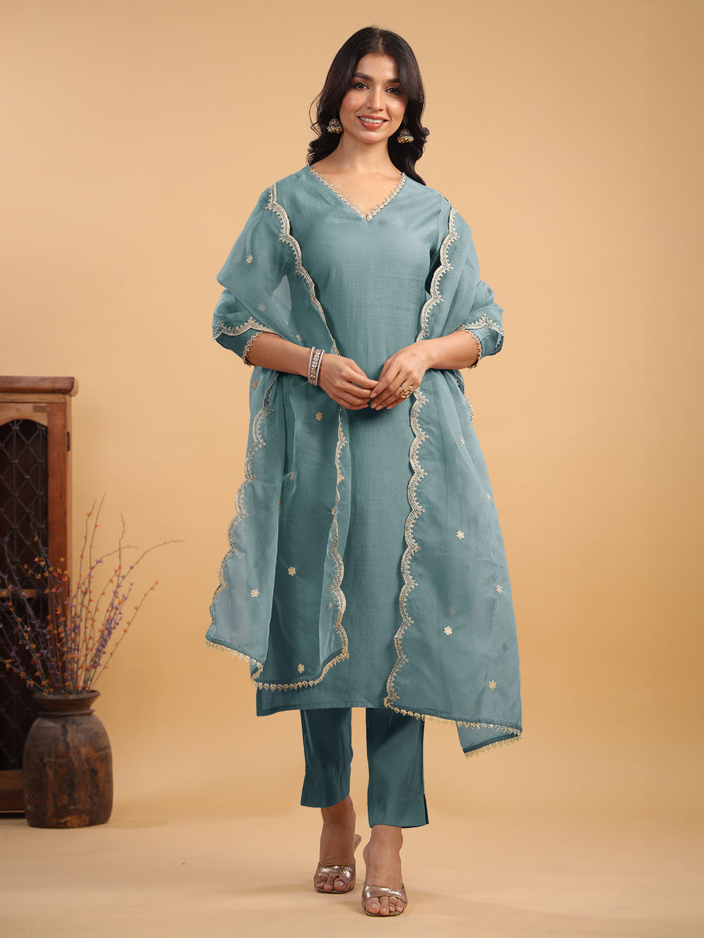 Janasya Light Chanderi Solid Straight Kurta Set | Grocsy