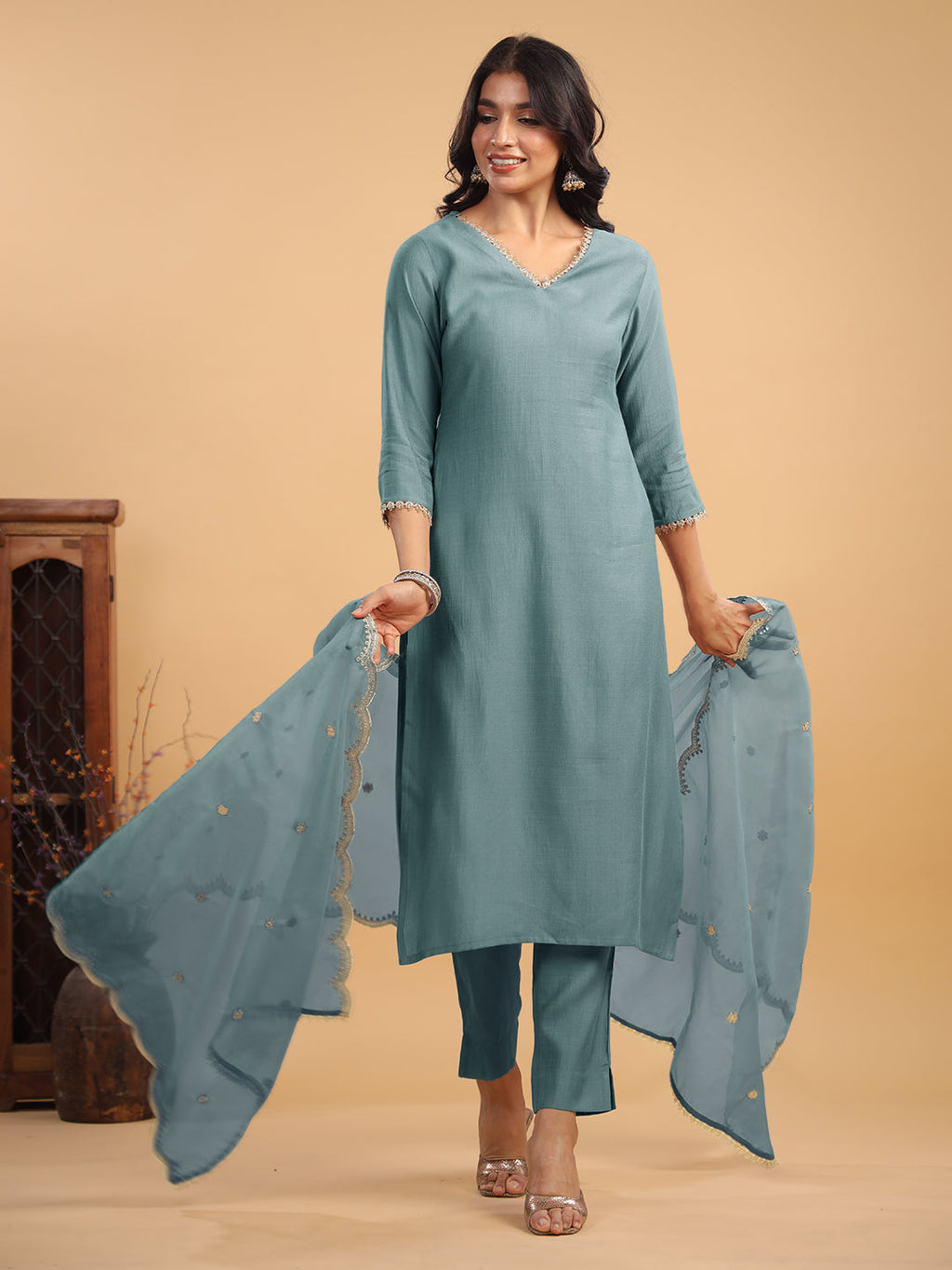 Janasya Light Chanderi Solid Straight Kurta Set | Grocsy