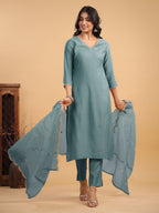 Janasya Light Chanderi Solid Straight Kurta Set | Grocsy